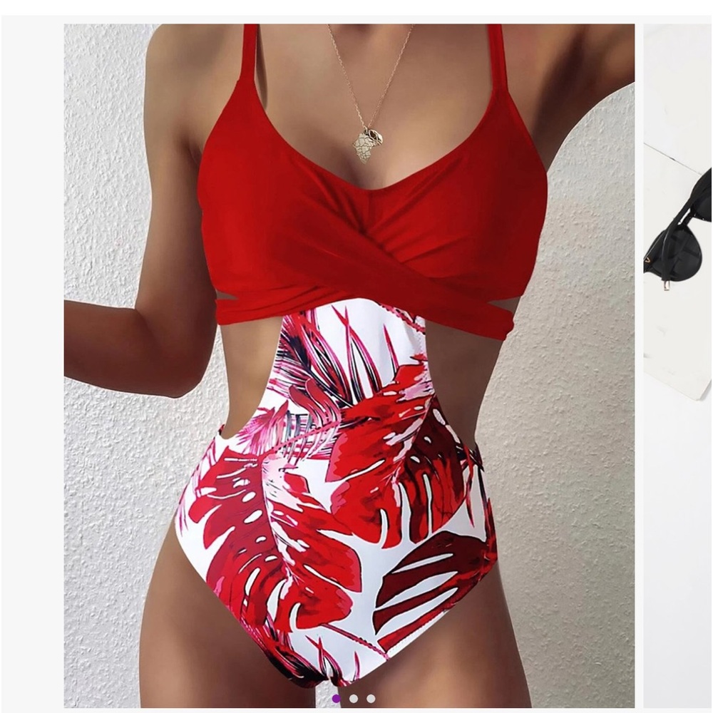White & Red Leaf V-Neck Cutout One-Piece
